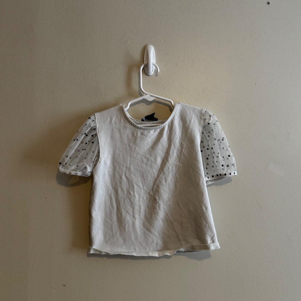 Primark Girls White Black Polka Dot Mesh Sleeve Top Sz 9-10Y Cotton Fall Basics
